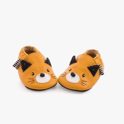 Chaussons cuir chat moutarde Les moustaches Moulin Roty