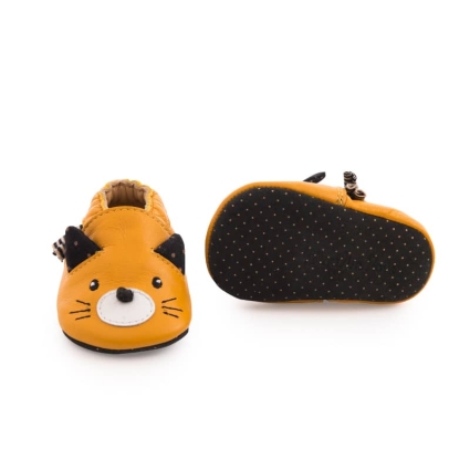 Chaussons cuir chat moutarde