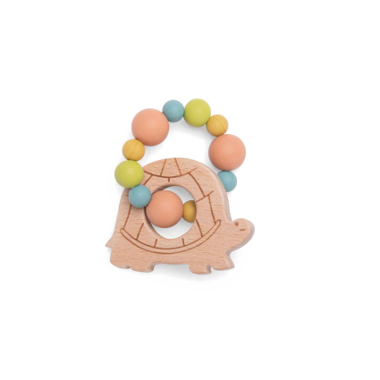 Hochet anneau de dentition bois et silicone Tortue Trois petits lapins Moulin Ro