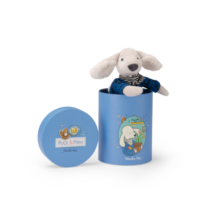 Peluche Chien Pilou bleu  sa boite Puce  Pilou Moulin Roty