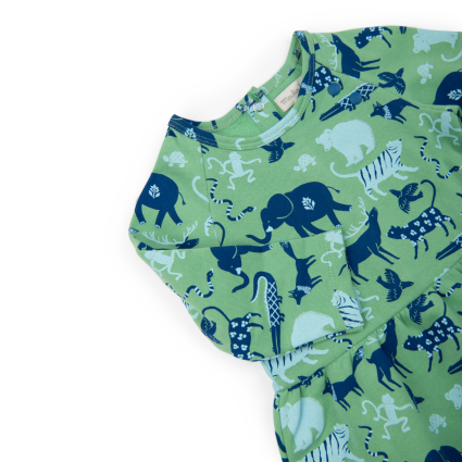 Robe molleton carbone gratté vert imprimé animaux - Marilou